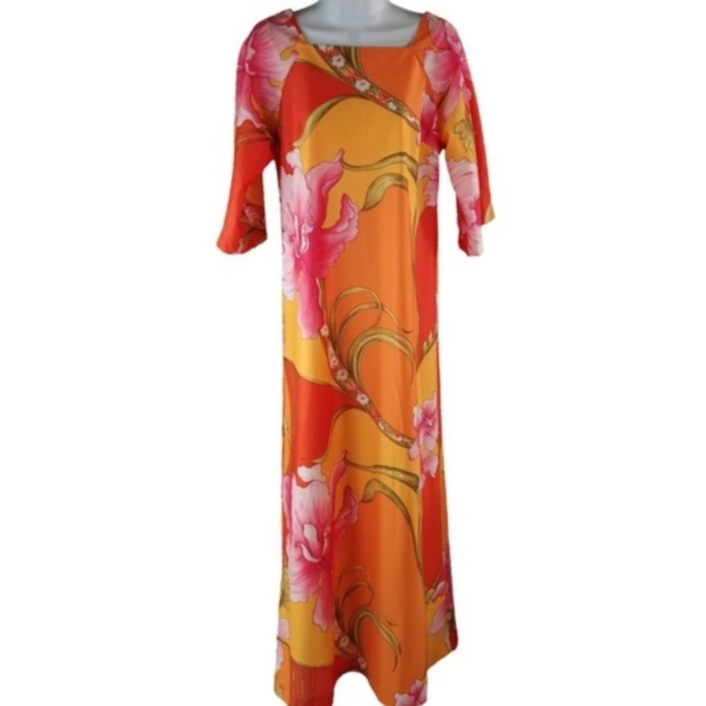 Hawaiian Togs Womens Maxi Dress 12 Vibrant Vtg 60s Orange Square Neck Elbow Slv